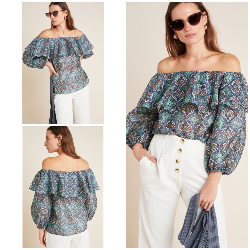 Anthro Sachin & Babi Musette Ruffle Block-prints Floral Off the Shoulder Blouse‍